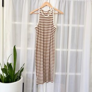 Lou & Grey Linen Blend Brown Cream Striped Racerback Tank Dress Size Small